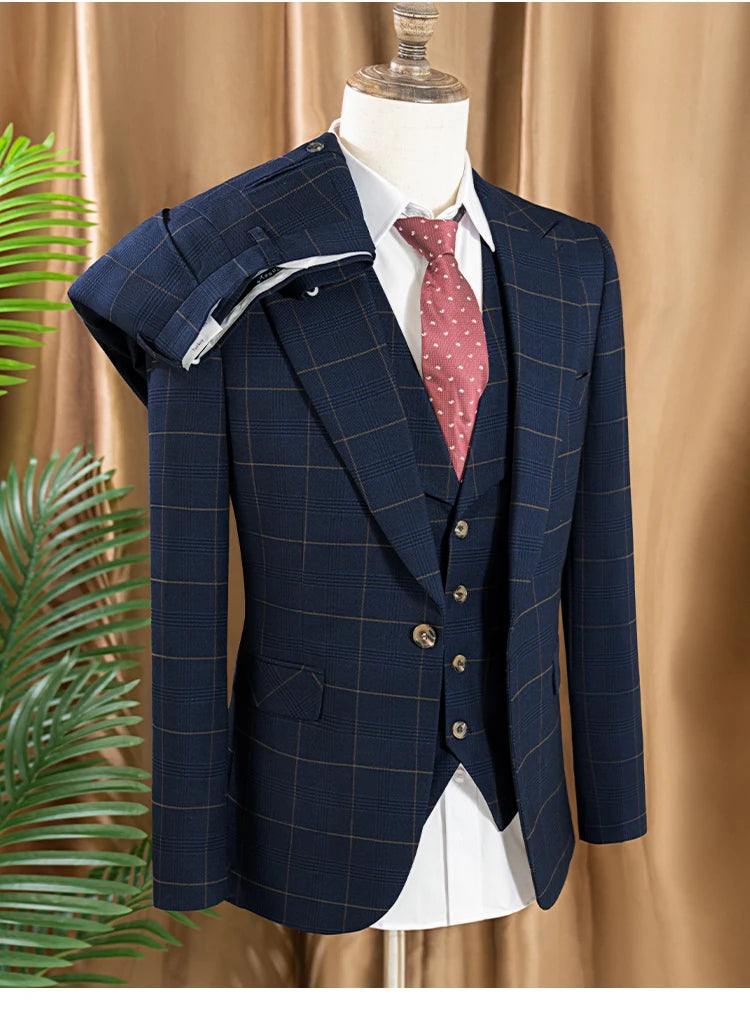 ST Cassy Hochwertiger 3-teiliger karierter Anzug für Herren, stilvolles Business-Büro-Hochzeits-Formelles-Outfit, eleganter Herrenanzug