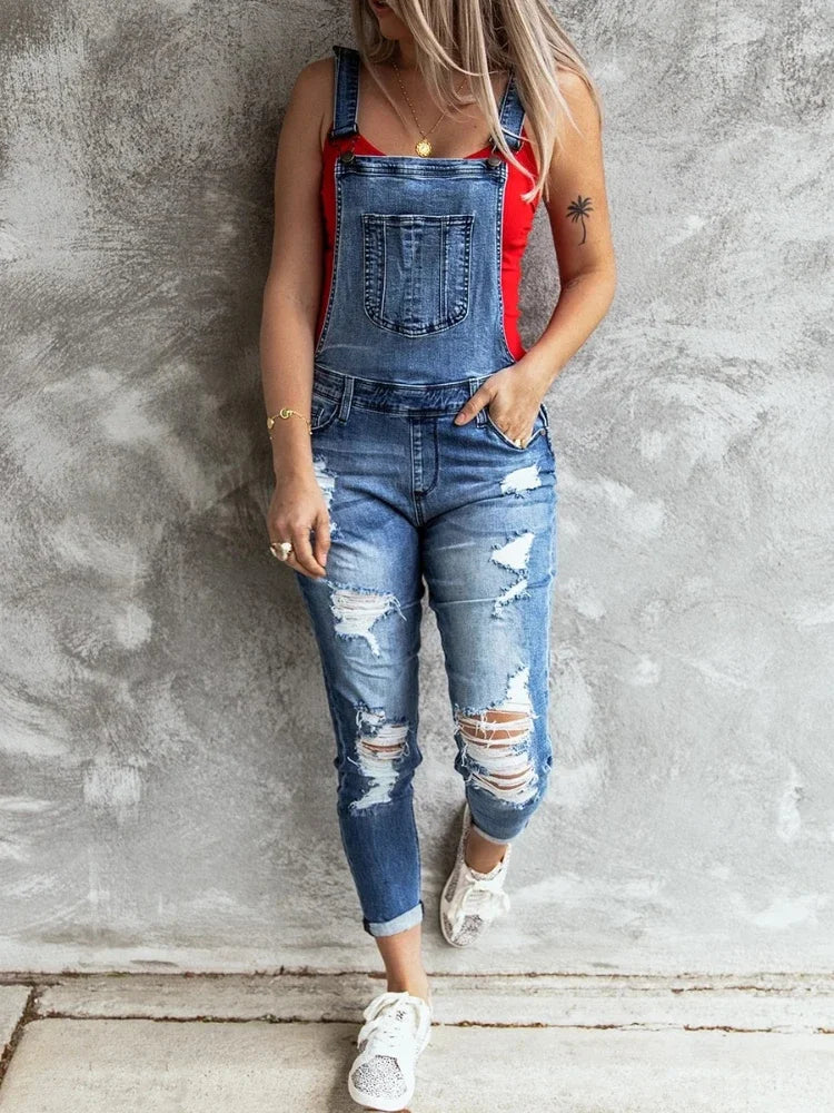 Denim Overalls Women 2024 Ripped Jeans Lady Jumpsuit Elastic Denim One Piece Pants Suspender Trousers Female Rompers Streetwear