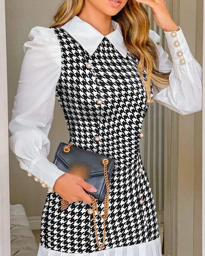 Womens Dresses  Spring Fashion Houndstooth Button Decor Puff Sleeve Ruffle Hem Elegant Turn-Down Collar Daily A Line Dress