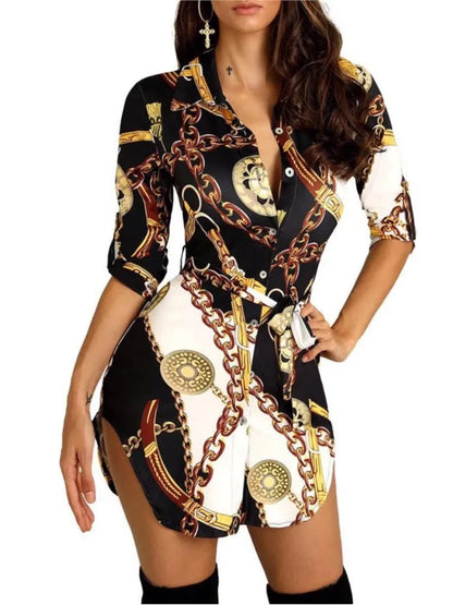 Autumn New Women's Dress Fashionable Sexy Gold Chain Slim Fit Printed Single Breasted Lace Up Waist Cinching Short Skirt