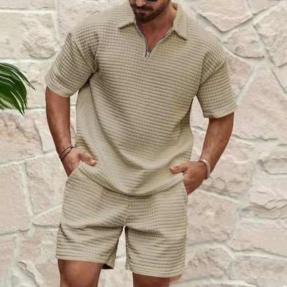 European and American Men's Spring and Summer Trends Youth Outdoor Lapel Small Plaid Short Sleeve Shorts Sports Suit