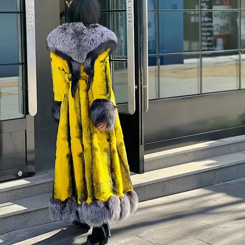 2022Women Real Rex Rabbit Fur Coats With Fox Lapel Collar Natural Whole Skin Genuine Rex Rabbit Fur Long Jackets Overcoat Luxury