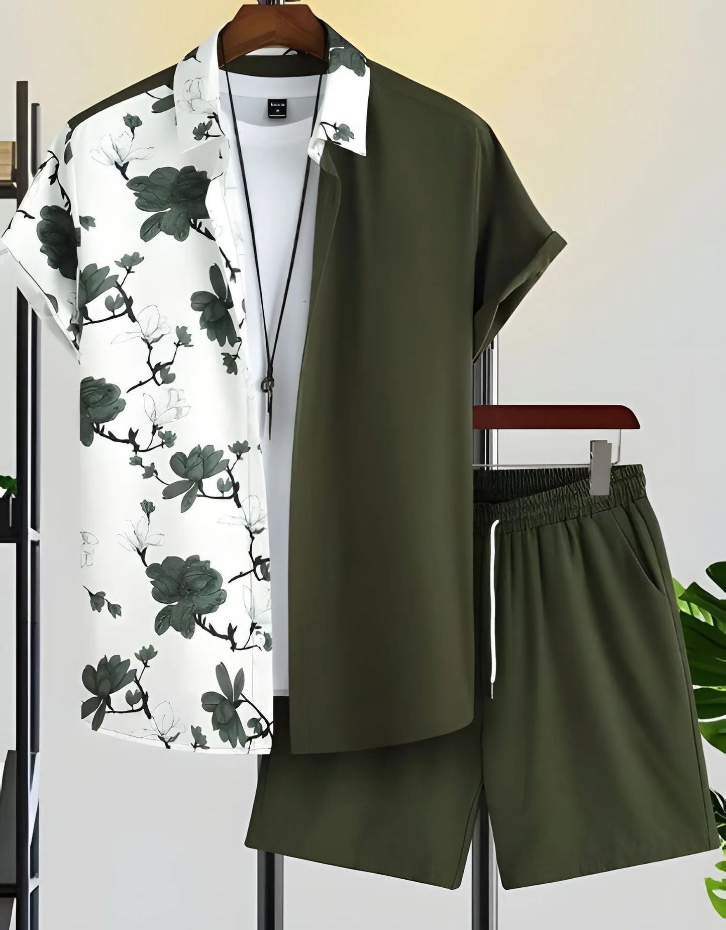 Comfortable Coconut trees leaves color blocking 3D Print shirt +Shorts Two Piece Set Short Sleeve Flip collar shirts half pants