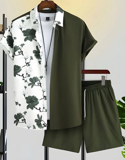 Comfortable Coconut trees leaves color blocking 3D Print shirt +Shorts Two Piece Set Short Sleeve Flip collar shirts half pants