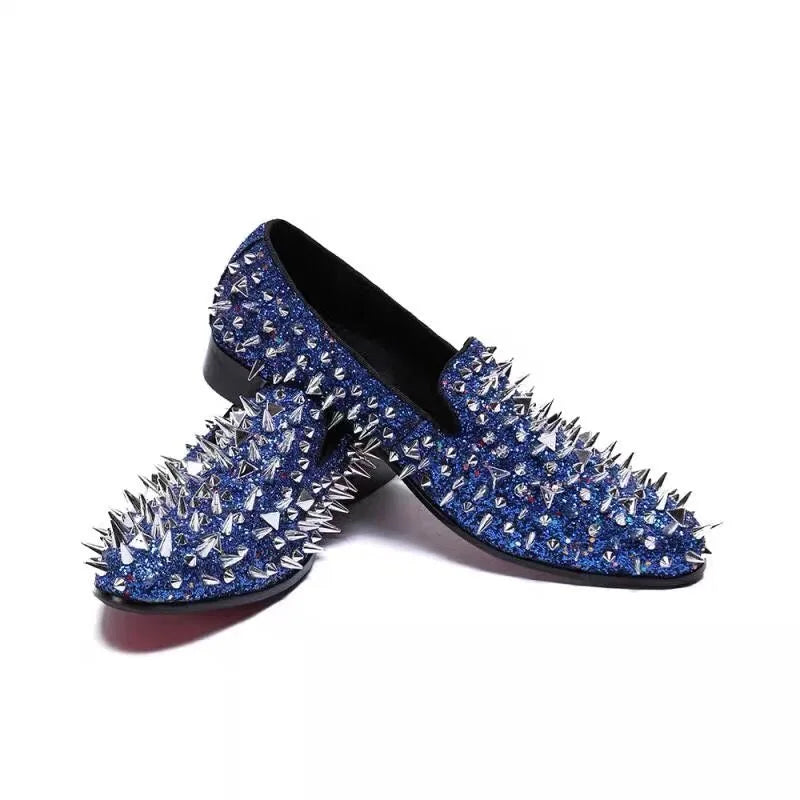 Fashion Blaue Bling Spikes Loafers Schuhe für Herren Luxus Handgemachte Slip-On Herren Anzugschuhe Hochzeitsschuhe