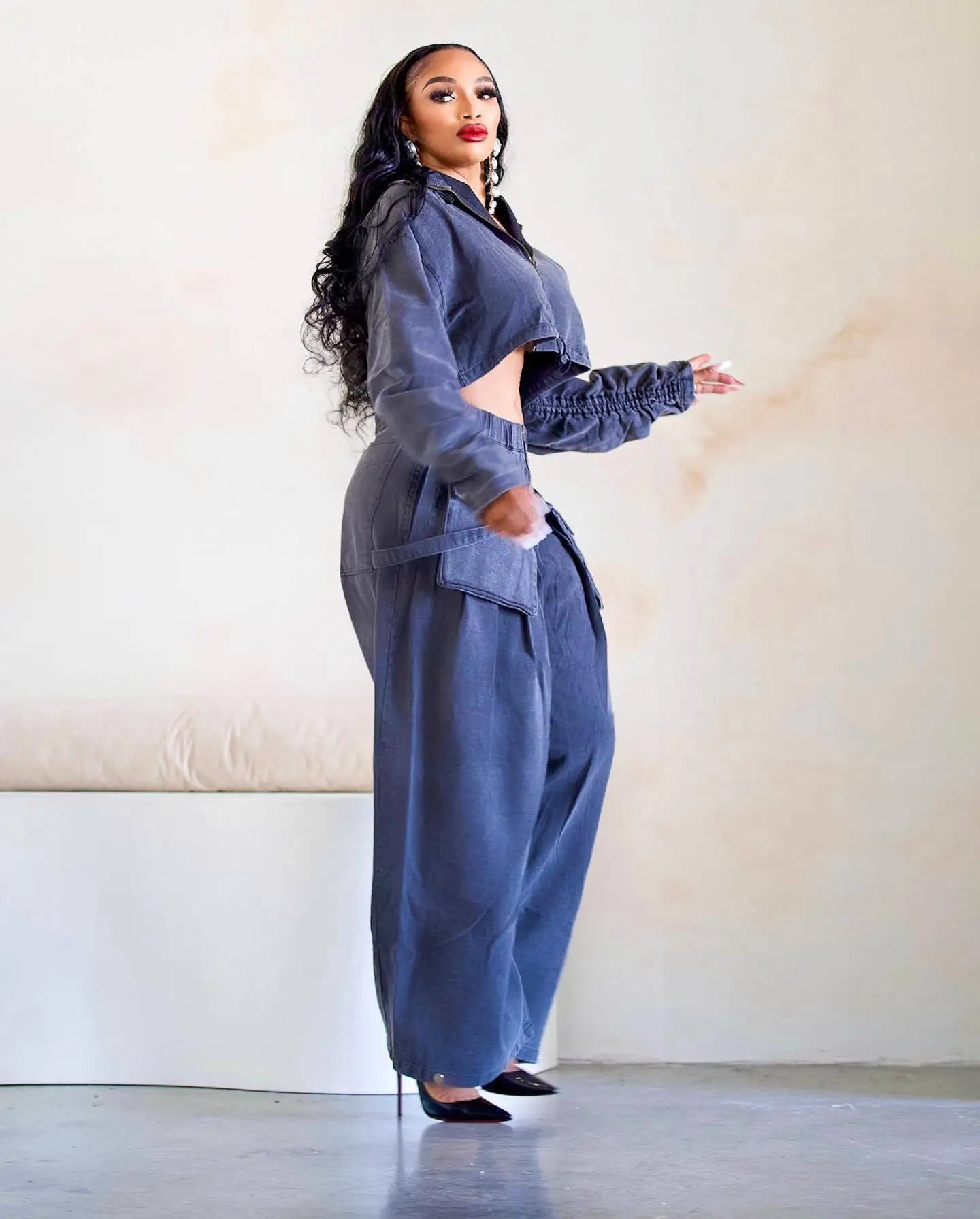 fashion retro women's casual wide leg loose heavy duty denim two-piece set for women two piece set women sexy club  zevity