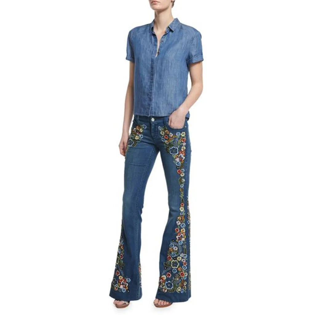 Women Retro Floral Embroidered Denim Flare Pants Distressed Straight Plus Size Trousers Elegant Women Palazzo Wide Leg Jeans