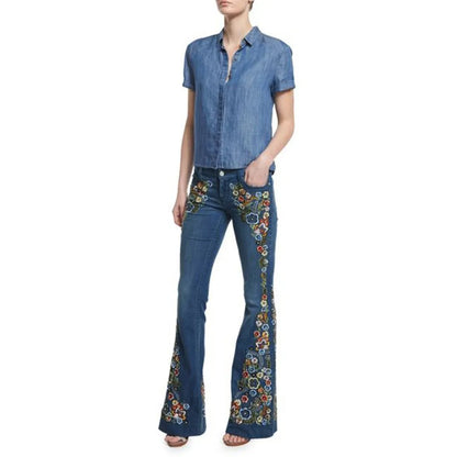 Women Retro Floral Embroidered Denim Flare Pants Distressed Straight Plus Size Trousers Elegant Women Palazzo Wide Leg Jeans