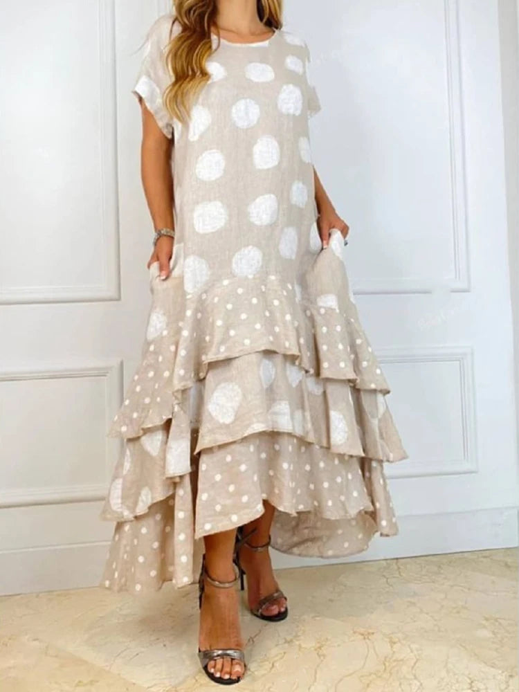 Women Dresses Summer 2022 Sexy O Neck Dot Print Boho Beach Dress Cascading Ruffle Short Sleeve Maxi Dress Wrap Sundress Robe