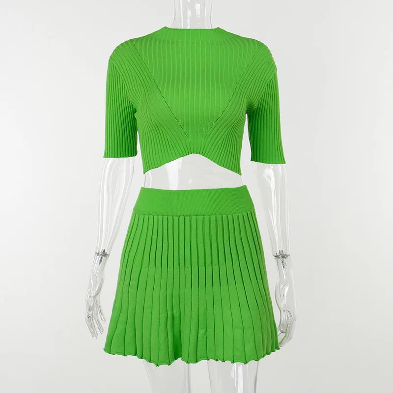 Spring Summer New Women Knitted 2-Piece Skirt Set High Collar Short Sleeved Cropped Top+High Waist Pleated Mini Skirt