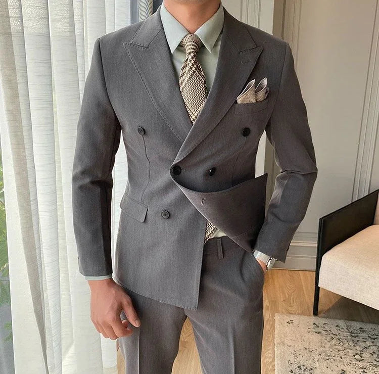 Casual Double Breasted Slim Fit 2 Piece Outfit Set Man Korean High Quality 2024 Full Suit for Men Clothes Gentleman Pants Blazer