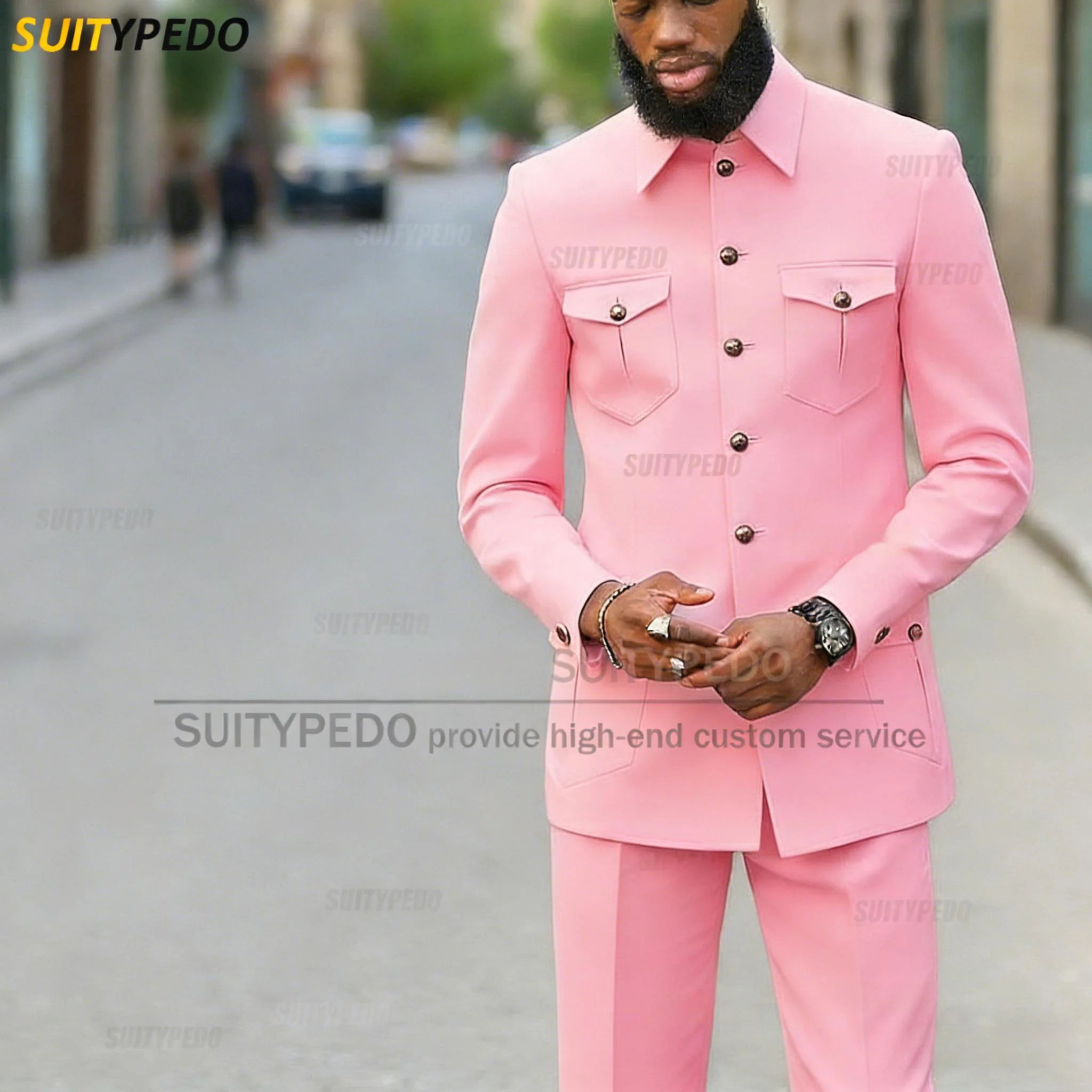Fashion Stand Collar Men's Suit Newest Smart Casual Four Pockets Prom Formal Hommes 2 Pieces Blazer And Pants Sets Texudos