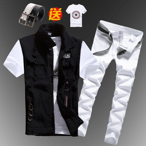 Mens Boys Casual Denim Vest Sleeveless Waistcoat Summer Jeans Pants Trousers Slim Fit Two Piece Set Summer