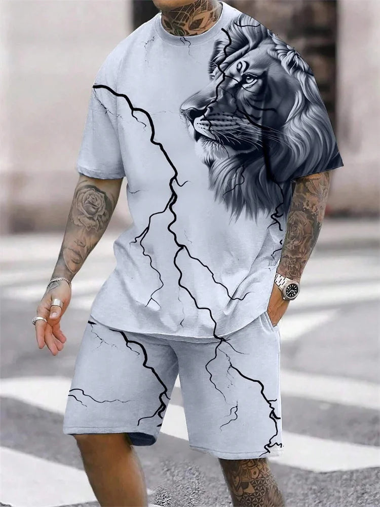 2024 New Crew Neck Short Sleeve T-shirt Fashion Shorts Set 3D Lion Print Short Sleeve Shorts 2-piece Men's Summer Sports Set