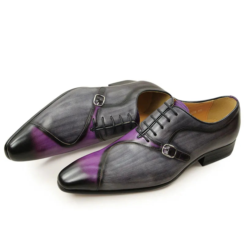 Men Leather Shoe High Quality Oxford Lace Up Side Metal Buckle Gray Purple Color Matching Handmade Business Formal Shoes