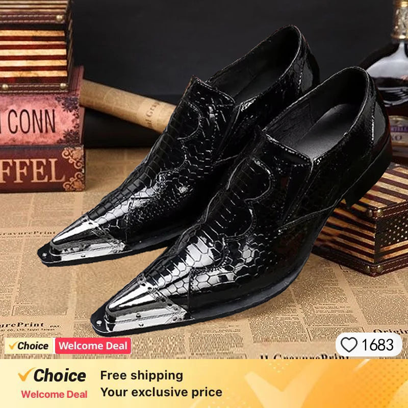 2025 Western Fashion Pointed Metal Toe Dress Shoes Blue Grey Party Wedding Leather Shoes for Men