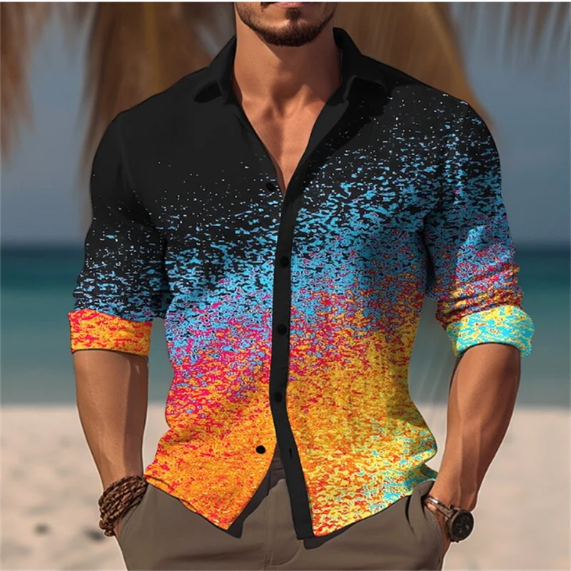 men's T-shirt suit button shirt half splicing trend new geometric flower clear pattern soft and comfortable shirt clothing
