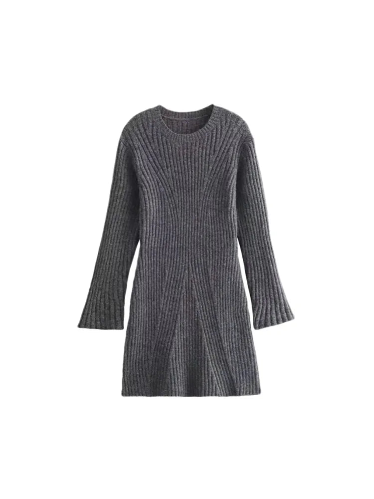 TRAF Women Knitted Dress 2023 Autumn Winter Women Elegant Solid Ribbed Mini Dresses For Women Long Sleeve Party Dresses