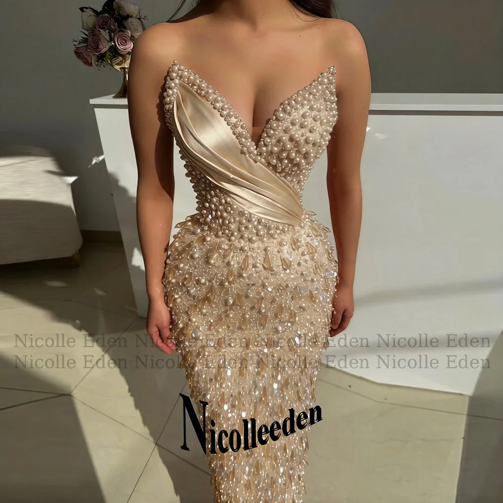 Nicolle Luxury V Neck Prom Dresses for Women Pearls Crystals Sequined Pleats Sheath Party Vestidos De Festa Customized