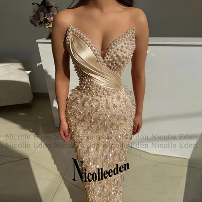 Nicolle Luxury V Neck Prom Dresses for Women Pearls Crystals Sequined Pleats Sheath Party Vestidos De Festa Customized