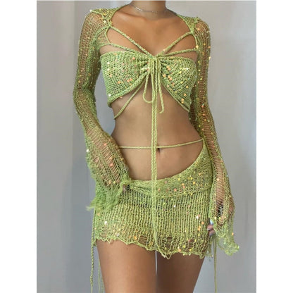 Crochet Knitted Dress Two Piece Skirt Sets  Summer Women Clothes Sexy Crop Tops Elegant Knit Sequin Dress 2 Piece Set Outfit