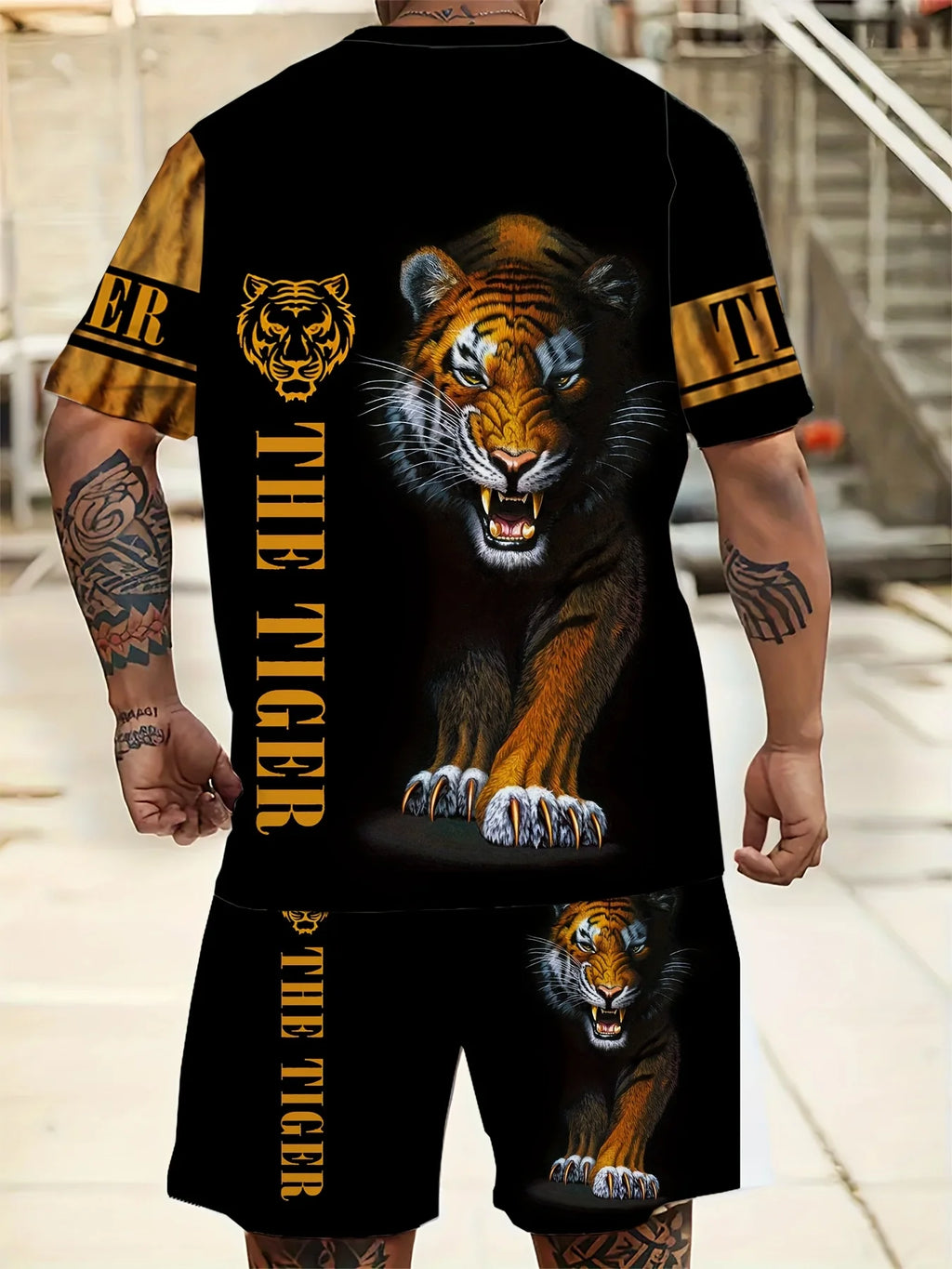 Summer men's casual round neck breathable T-shirt shorts set cool tiger pattern summer outdoor plus size two-piece set