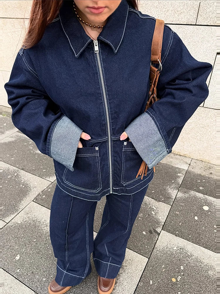 Fashion Denim Jacket Set Women Lapel Single Breasted Long Sleeve Coat Straight Jeans Pants 2025 Spring Lady  High Street Outfits