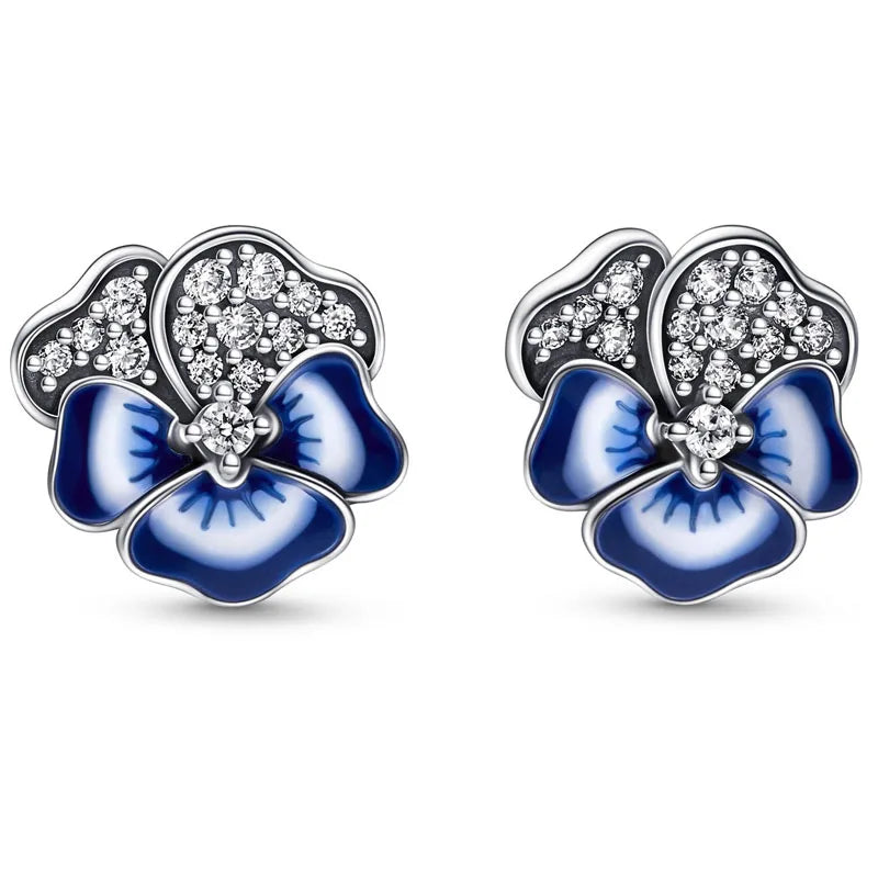 Authentic 925 Sterling Silver Blue Enamel Pansy Flower Earring Necklace With Crystal For Women Jewelry Set Gift