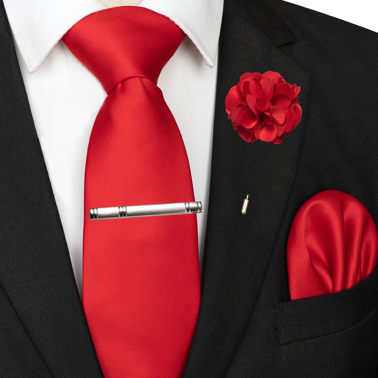 Mens Colors Solid Tie and Lapel Pin Necktie Pocket Square and Tie Clip Sets for Business Casual 4PCS