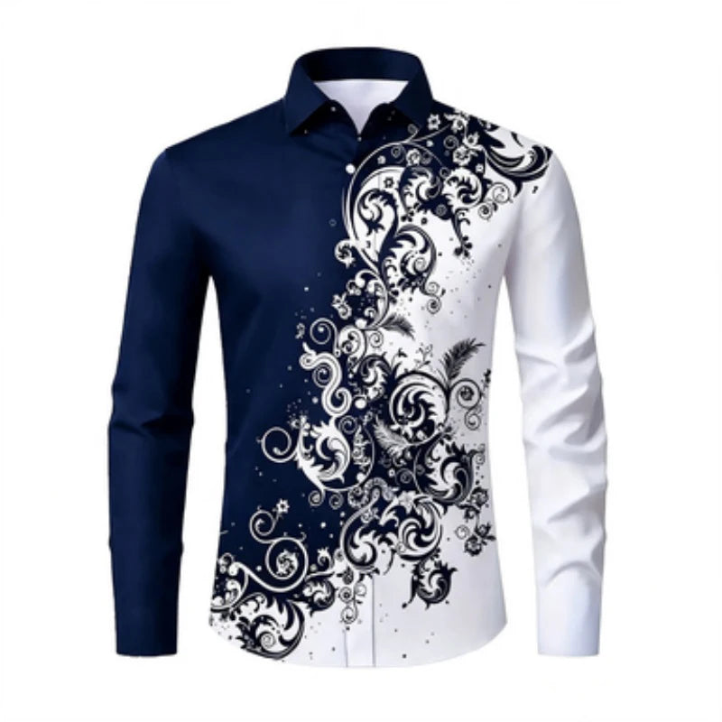Men's long sleeved shirt, European and American men's printed long sleeved shirt, collared European patterned shirt, trendy casu