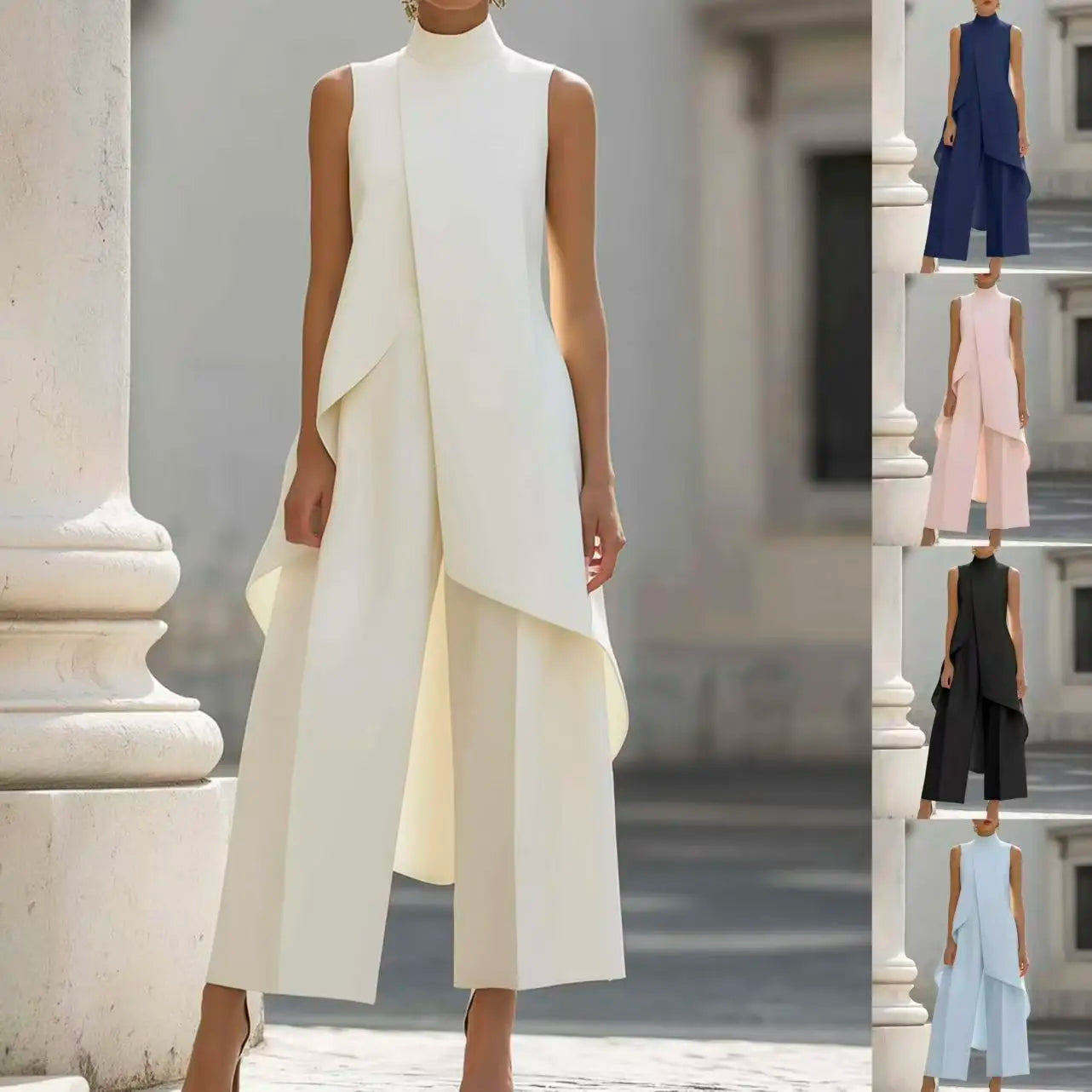 Sleeveless High Neck Asymmetrical Layered Wide Leg Jumpsuit for Women Elegant Formal Evening Wear