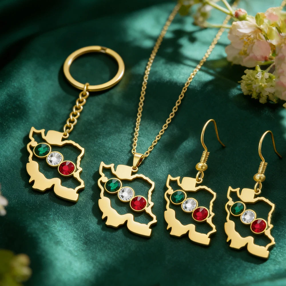 Dawapara Iran Map Pendant Jewelry Sets Zircon Earrings Keychain Necklace for Women Stainless Steel Map Jewellery