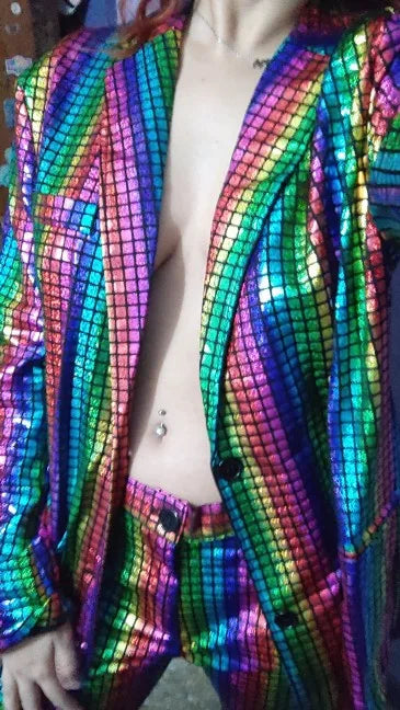 Mens Stage Prom Suits Shiny Rainbow Plaid Sequin Jacket Pants Men Dance Festival Christmas Halloween Party Costume Homme