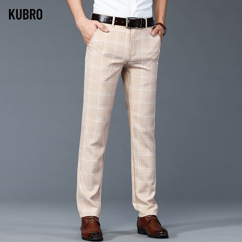 KUBRO 2023 Imitation Linen Trend Plaid Pants New Straight Men&#39;s Casual Personality All Match Pattern Home Brown Grey Trousers