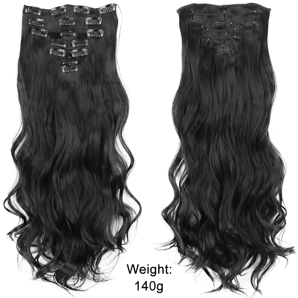 7Pcs/Set 16 Clips Hair Extension Black Long Straight Natural Hair Ombre Hairpiece Heat Resistant Fiber for Women Hairstyle