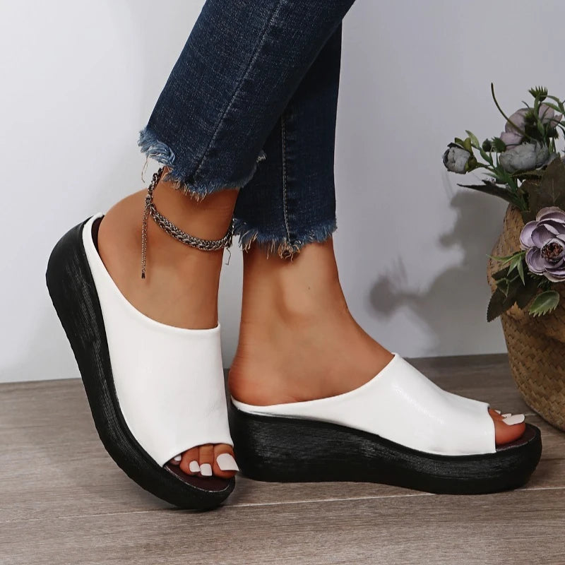 Women White Sandals Summer 2026 New Retro Wedge with Fish Mouth High Heels Thick Bottom Women's Shoes Large Size 44