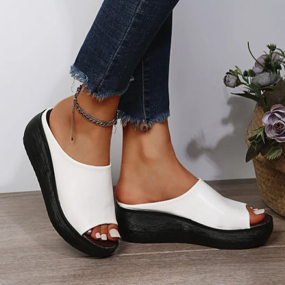 Women White Sandals Summer 2026 New Retro Wedge with Fish Mouth High Heels Thick Bottom Women's Shoes Large Size 44