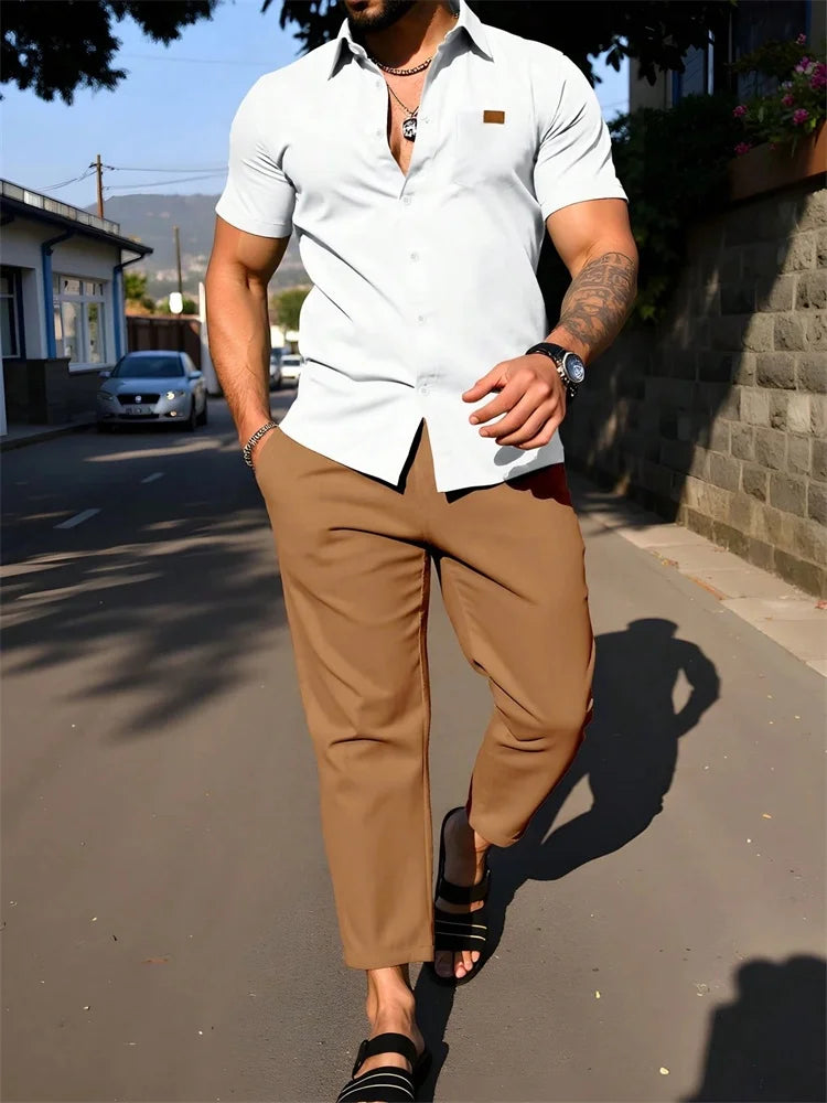 2025 Autumn Geometric Color Block Printed Short-sleeved Set, 2pcs Daily Casual And Loose Men's Shirt Set, Casual And Fashionable