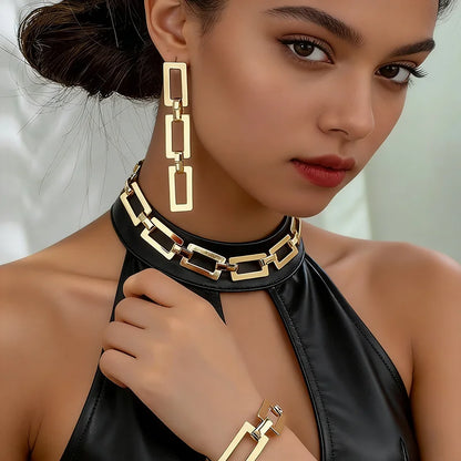 3/4PCS Stainless Steel Fashion Gold Color Geometric Chain Hollow Necklace Bracelets For Women Girl New Fashion Non-fading Set