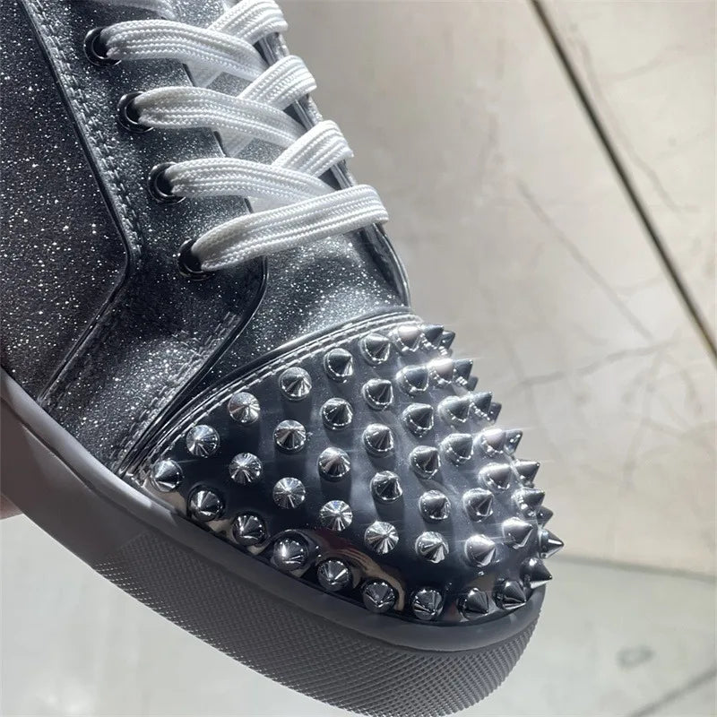 Fashion Luxury Brands Red Bottom Low Top Silver Crystal Rivet Shoes For Men's Casual Flat Loafers Women's Wedding Party Sneakers