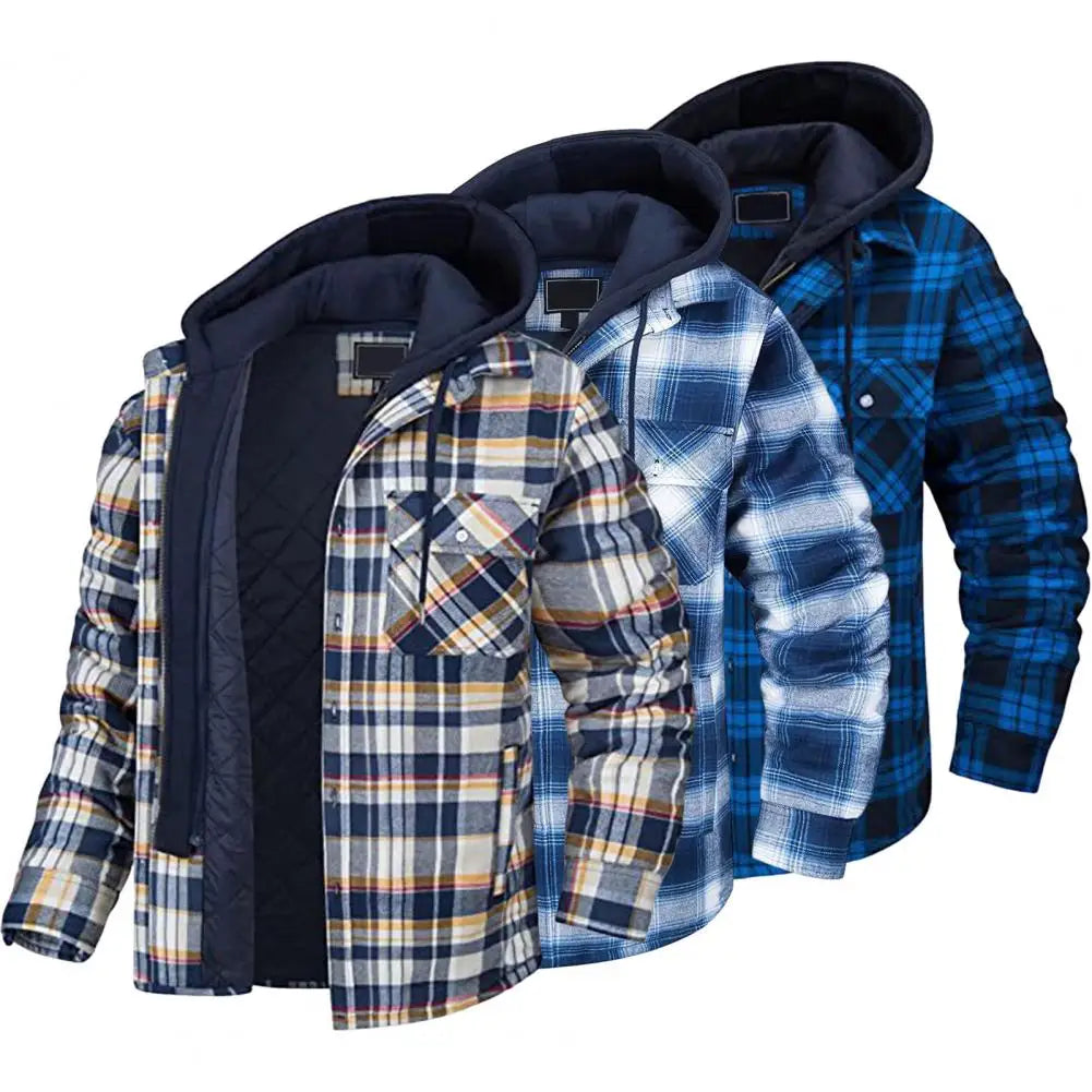 Winter Men's Hooded Jacket Drawcord Fashion Men's Thickened Hooded Cotton Windproof Jacket Plaid Shirt Casual Jacket Travel Jack