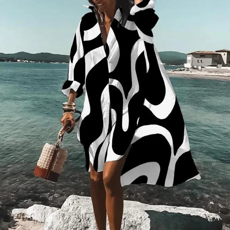 Autumn Dress 2024 New Fashion Leisure Grace Printed Lapel Long Sleeve Loose Party Beach Women Shirt Dresses MsChuh