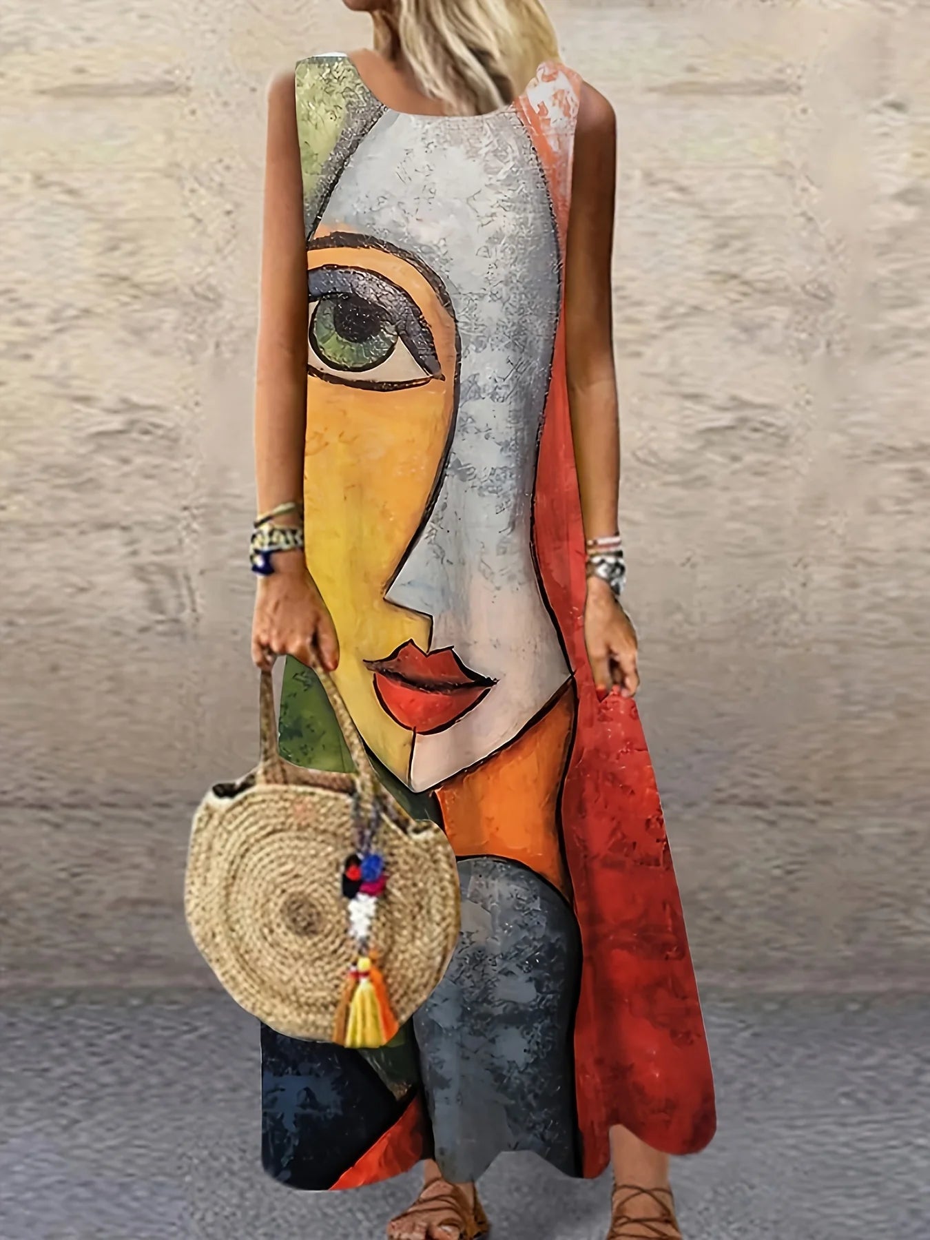 2026 Abstract Mask Printing Long Dress For Womens Sexy Sleeveless Tank Long Dress V-Neck Casual Clothing Women Robe Maxi Dress