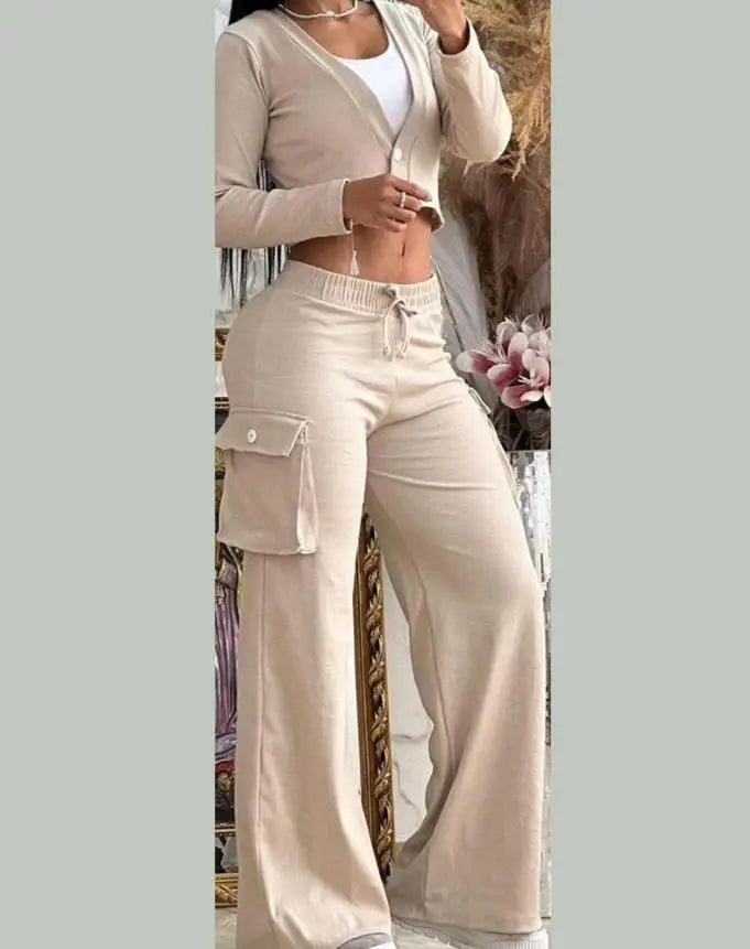 Women's Spring Summer New Fashionable Solid Color Printed Sexy Waist Short Top Casual Pants Set For Women