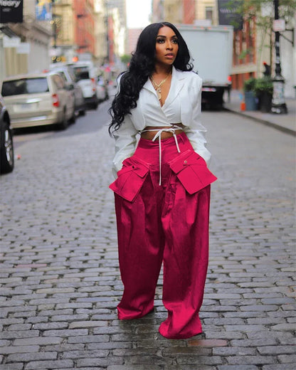 Solid Color Multi-pocket Loose Pants Women High Street Wide Leg Pants Straight High-waisted Oversized Y2K Trousers Pantalones