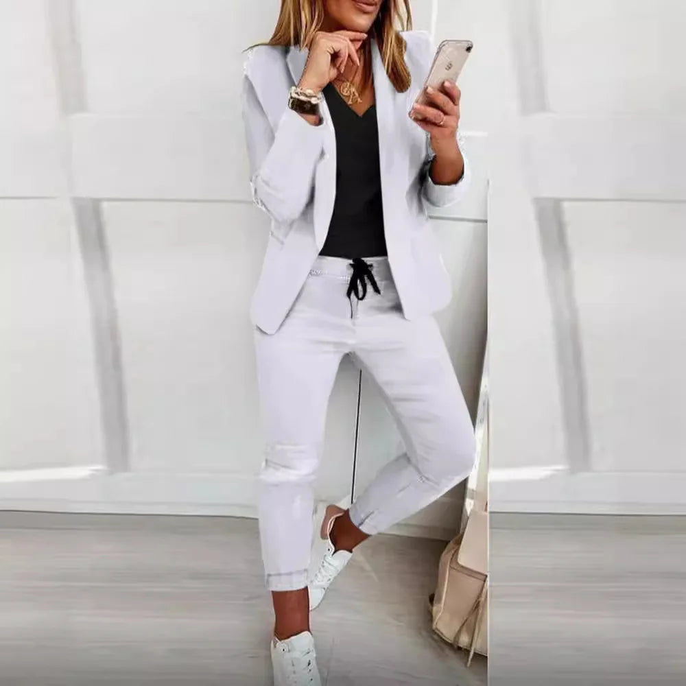Women's Monochrome Casual Business Suit Temperament Commuting Pants Drawstring Elastic Waist Fashion Slit Suit Two-piece Set