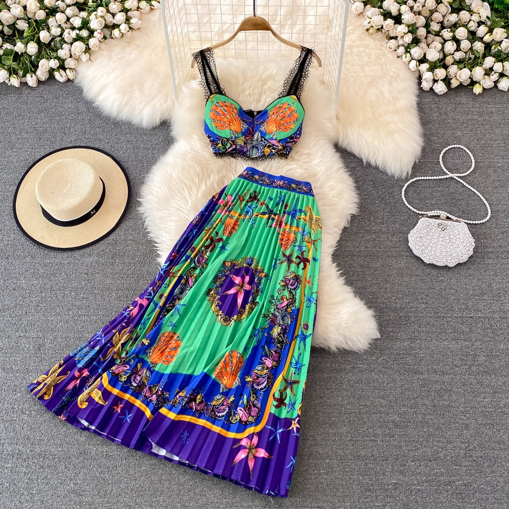 Gold 2023 Summer Fashion Designs Skirts Sets Women Outfits Indie Folk Print Sexy Two Pieces Lace Cropped Top Pleated Skirt Suit