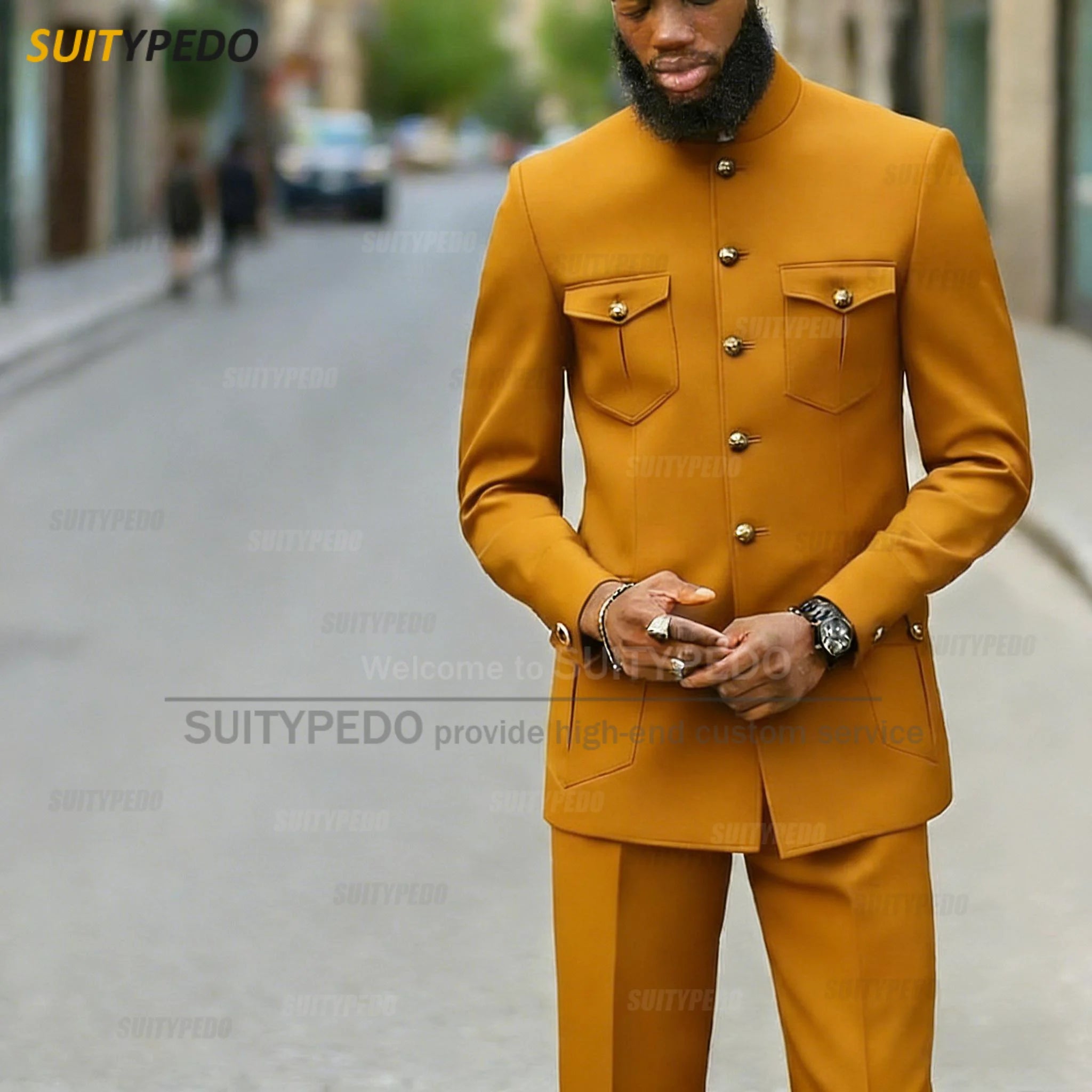 Fashion Stand Collar Men's Suit Newest Smart Casual Four Pockets Prom Formal Hommes 2 Pieces Blazer And Pants Sets Texudos