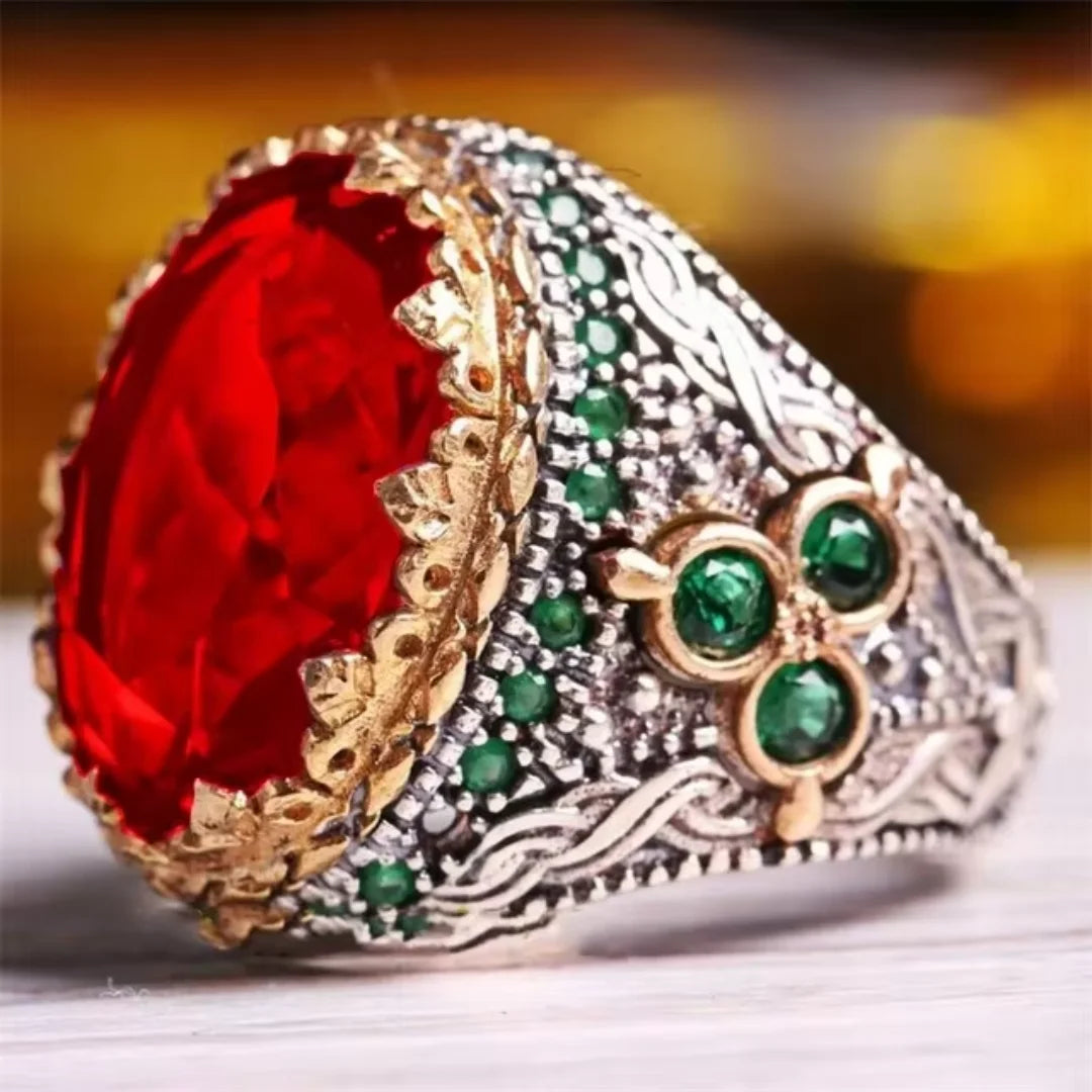 New Inlaid Emerald Men's Luxury Ring Personality Retro Domineering Personality Ring To Attend The Banquet Party Jewelry