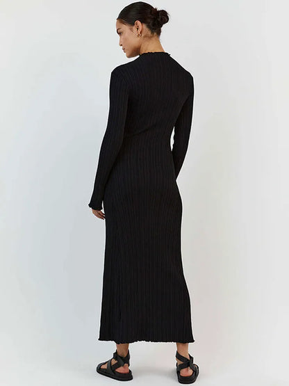 GACVGA  Autumn Winter Knitted Maxi Dress Elegant Women Long Sleeve Slim Pleated Robe Club Party Bodycon Long Dress Vestidos